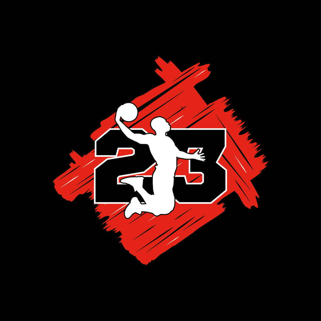 Redunk Number 23 basketball player T-shirt featuring a graphic design with a basketball theme on a casual black T-shirt.