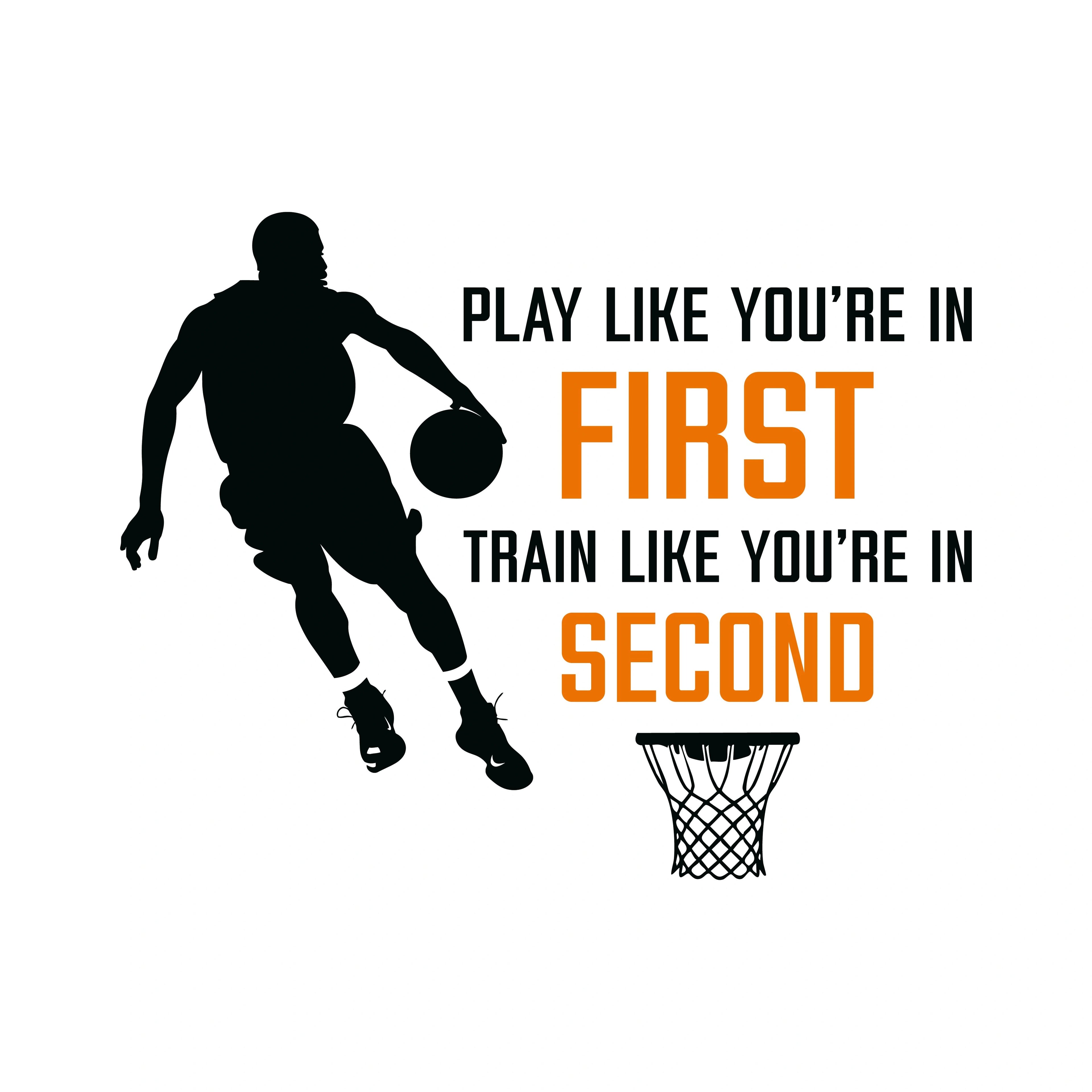 Redunk basketball T-shirt with motivational "Play Like You're In First, Train Like You're In Second" slogan, casual fit, front view.