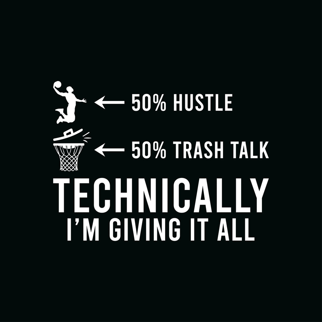 Redunk basketball T-shirt with humorous "50% Hustle 50% Trash Talk" slogan, casual fit, white fabric, fun graphic design.