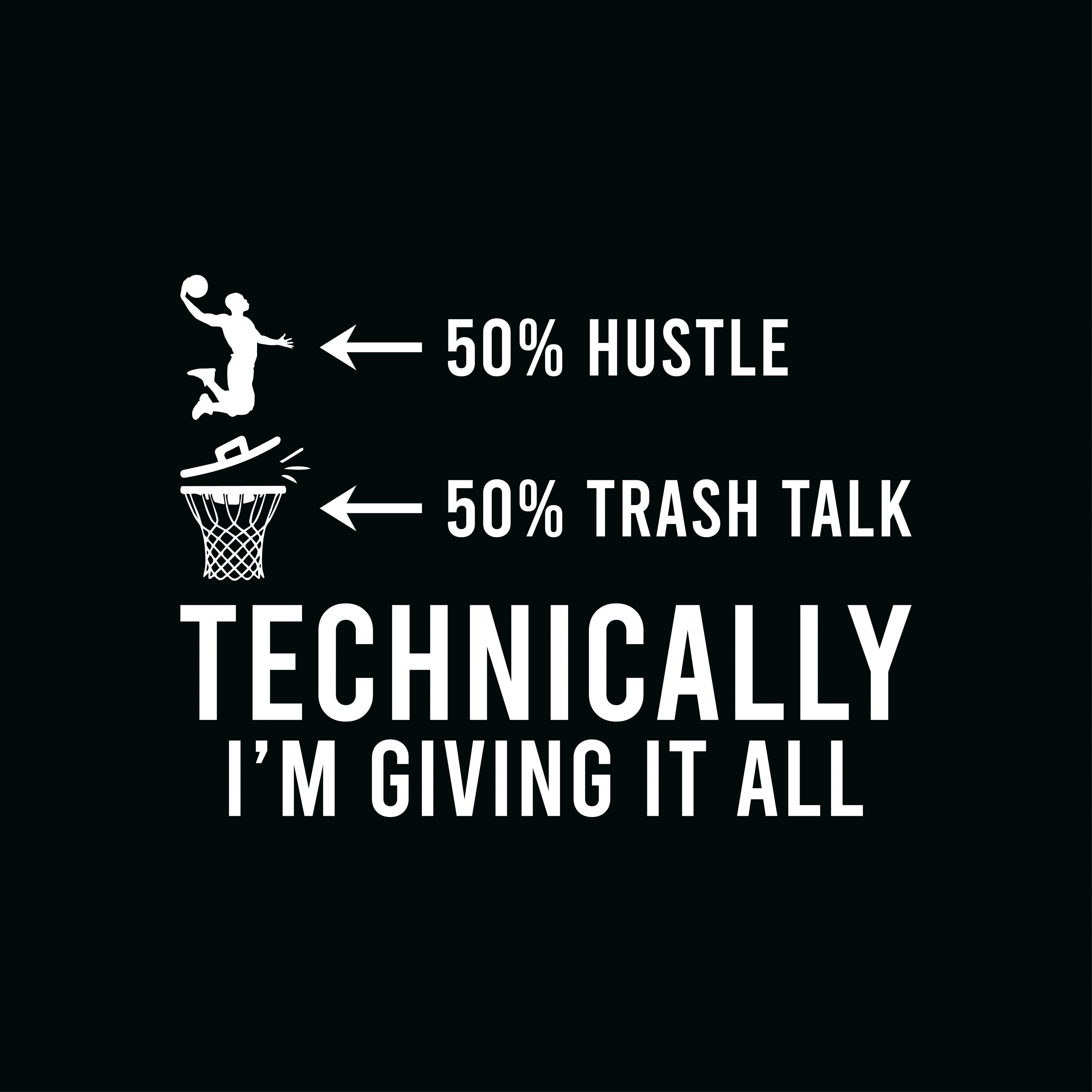 Redunk basketball T-shirt with humorous "50% Hustle 50% Trash Talk" slogan, casual fit, white fabric, fun graphic design.