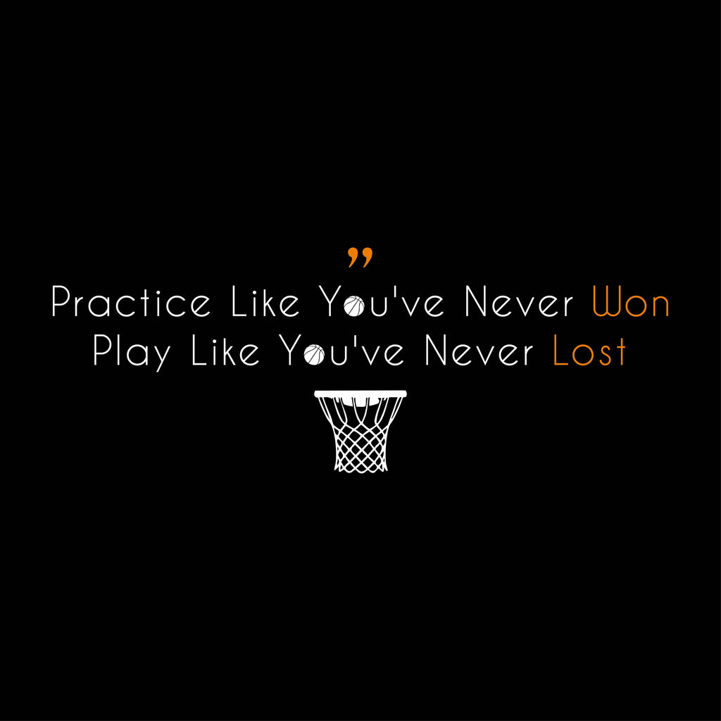 Redunk basketball T-shirt with "Practice Like You've Never Won" slogan, casual fit, black color, front view.