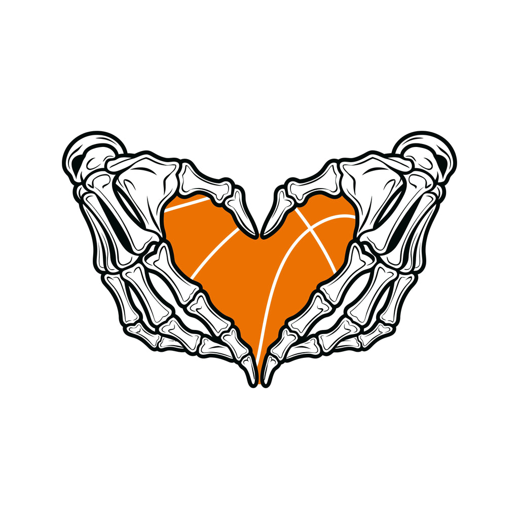 Redunk Skeleton Hands Basketball Heart T-shirt featuring a graphic of skeleton hands holding a basketball and a heart design.