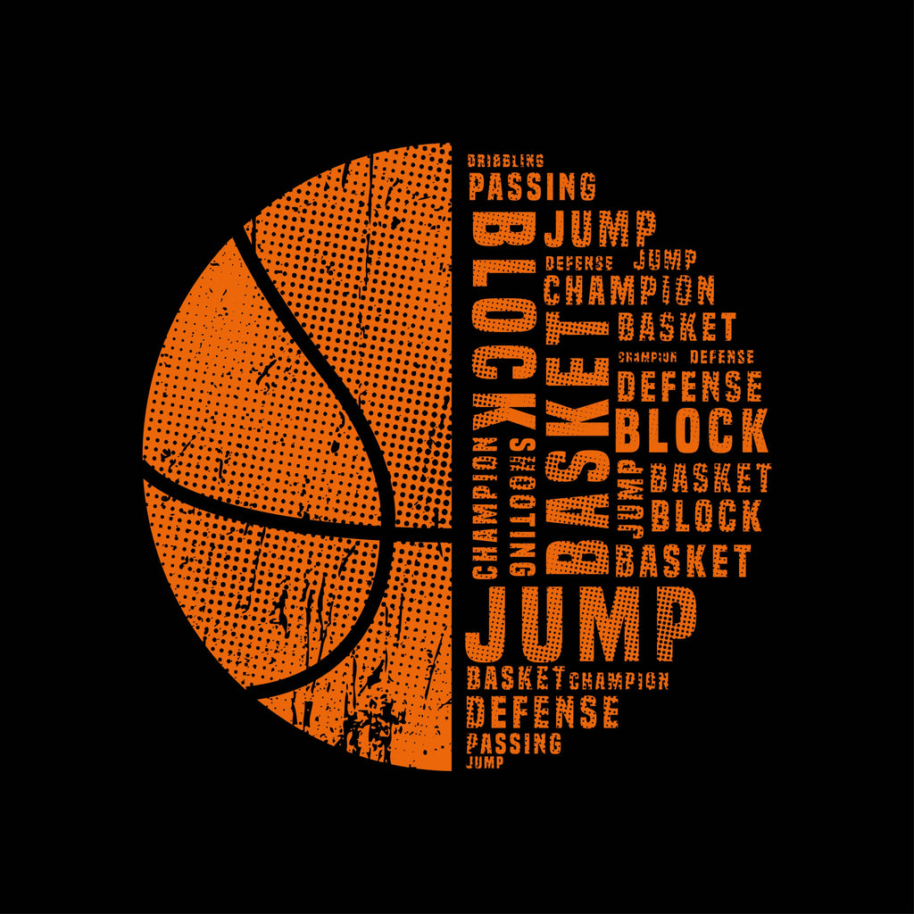 Orange basketball-themed typography T-shirt by Redunk featuring a word cloud design on a casual T-shirt.