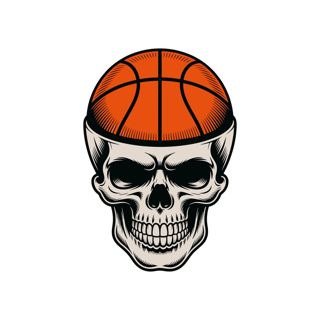 Redunk basketball skeleton hoops T-shirt featuring a graphic design of a skull with basketball elements on a black fabric background.