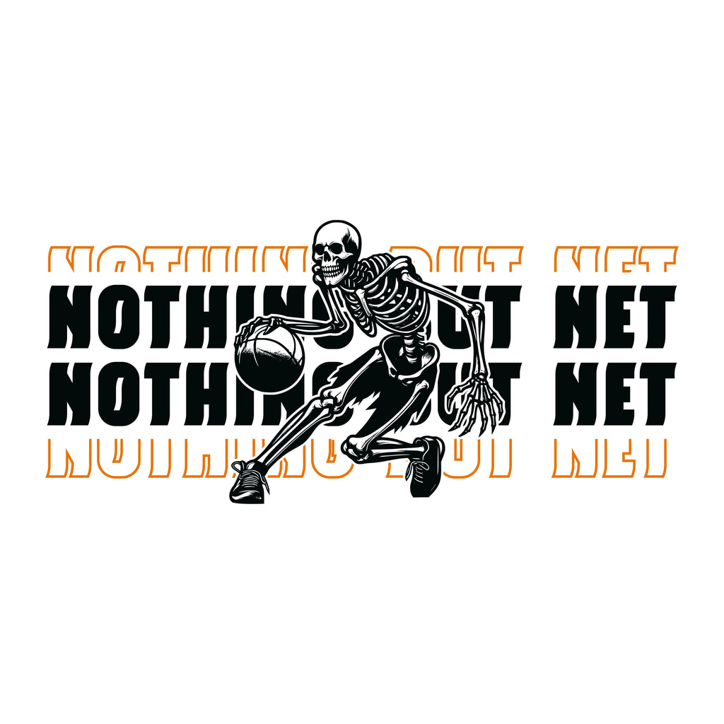 Redunk Nothing But Net Skeleton Basketball T-shirt featuring a skeleton playing basketball on a black fabric background.