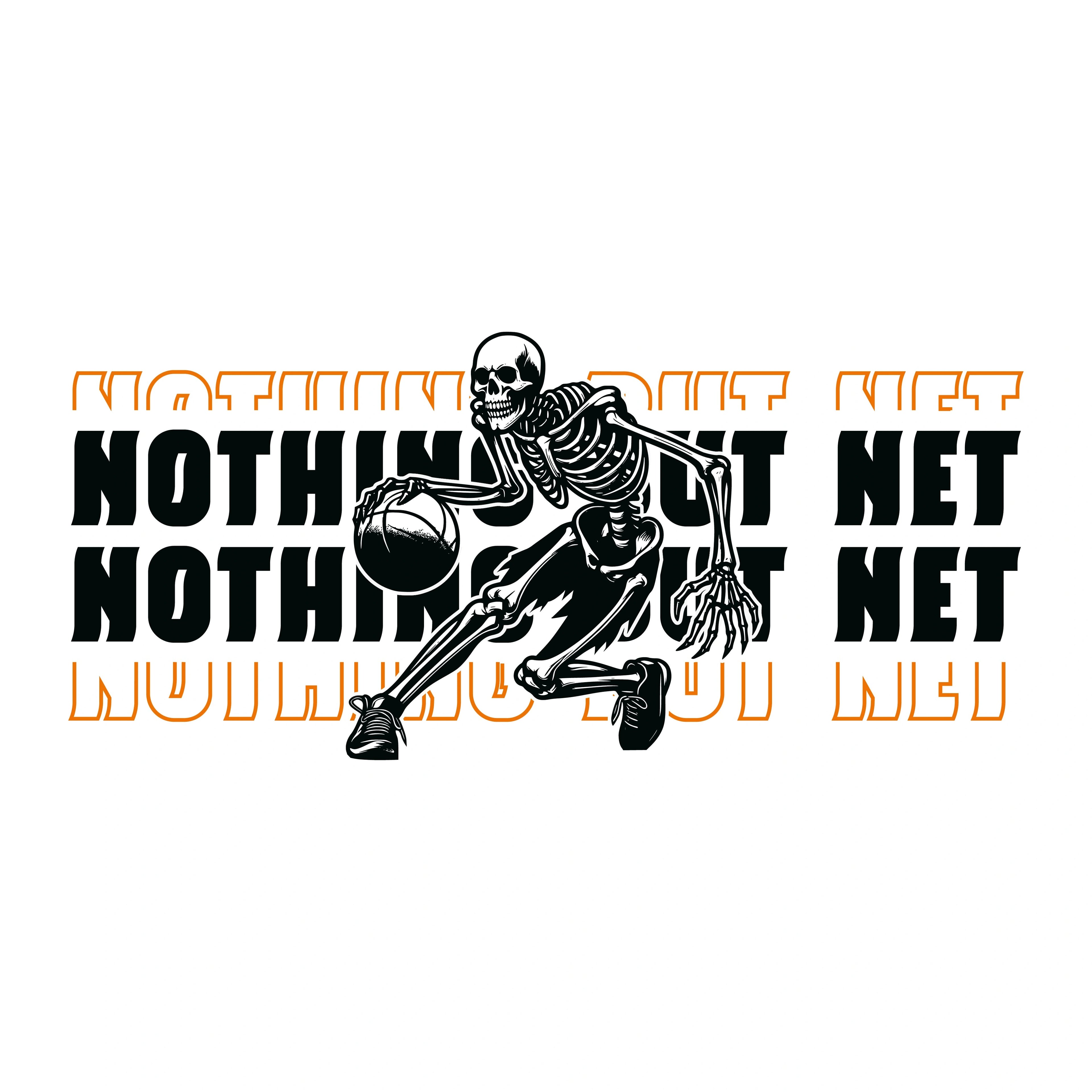 Redunk Nothing But Net Skeleton Basketball T-shirt featuring a skeleton playing basketball on a black fabric background.