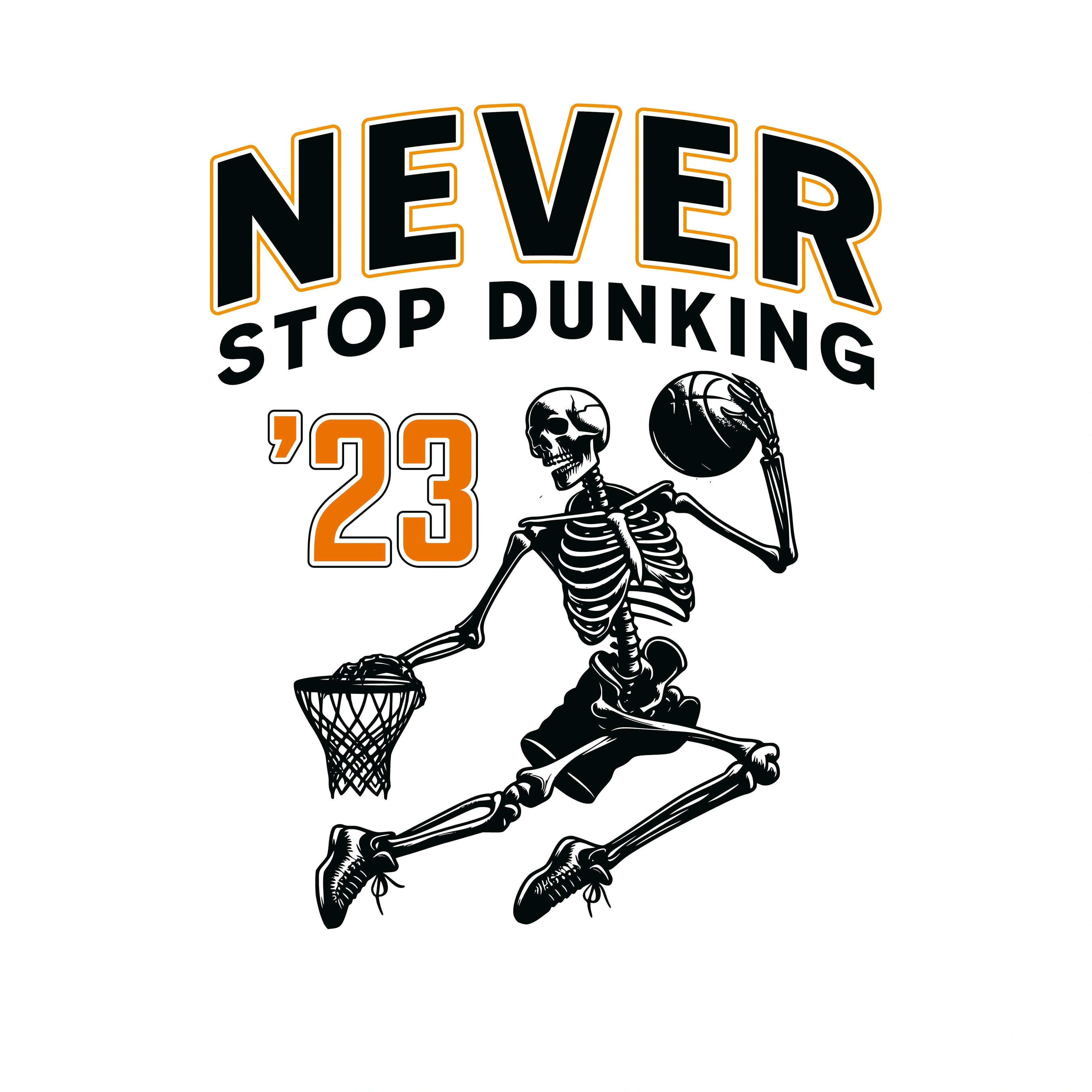 Redunk Never Stop Dunking basketball T-shirt featuring bold print, casual fit, and sporty design on a black fabric background.