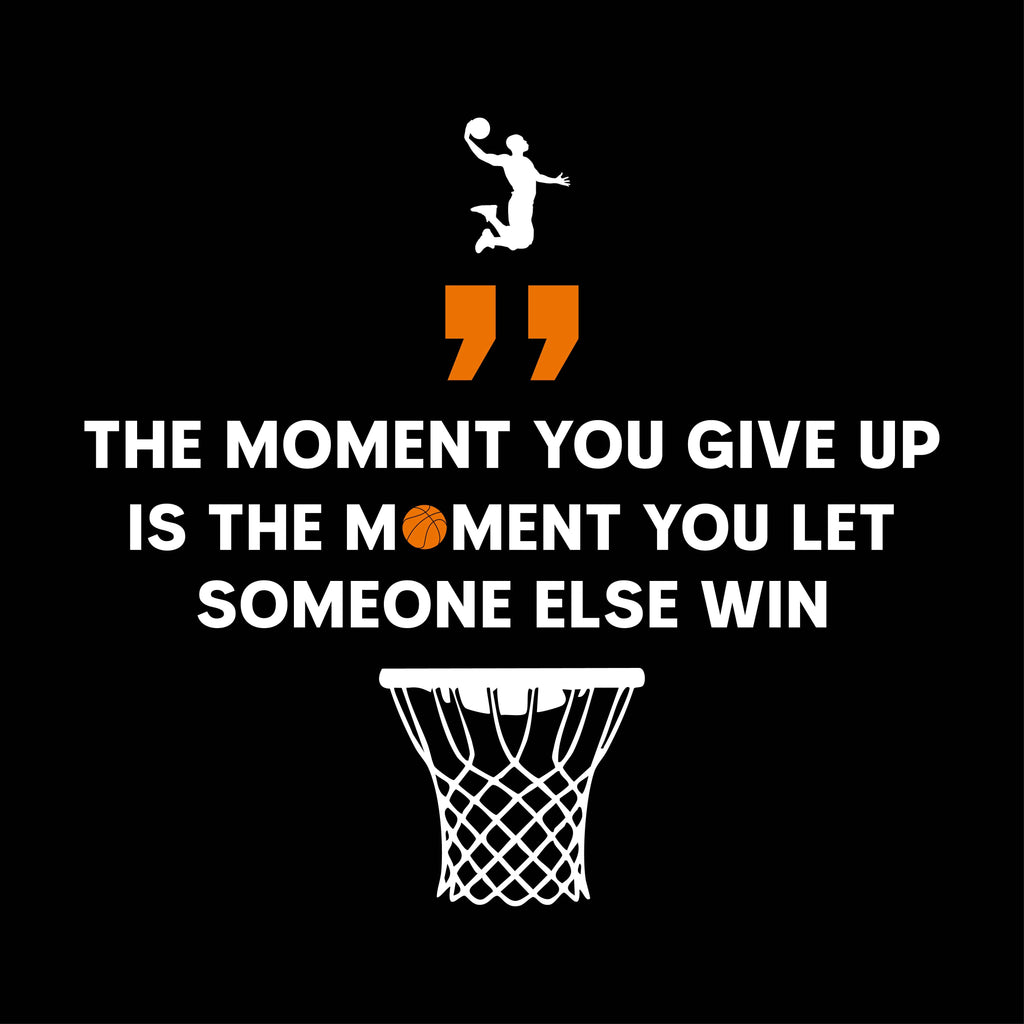 Redunk basketball quote T-shirt featuring "The Moment You Give Up" design, casual cotton T-shirt for sports and everyday wear.