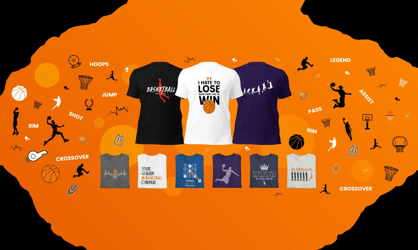 Collection of basketball-themed t-shirts on an orange background with various graphics.