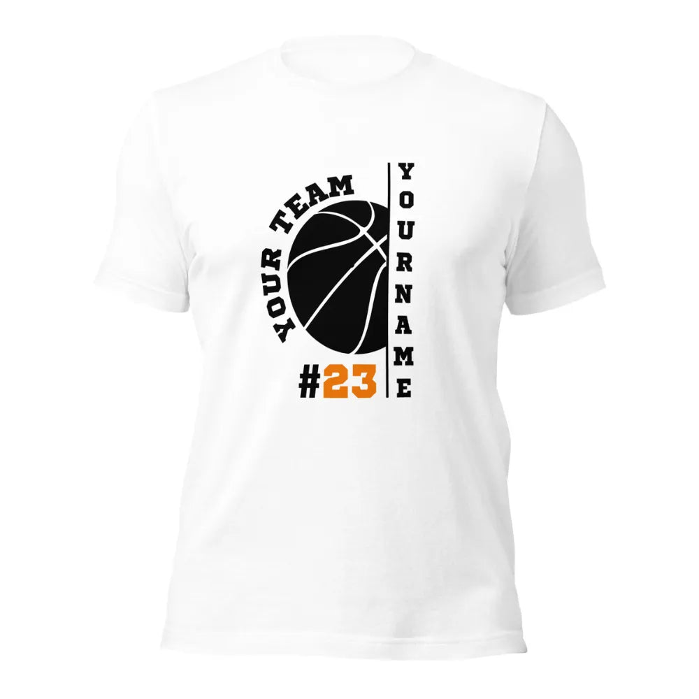 White t-shirt with customizable basketball design on a white background