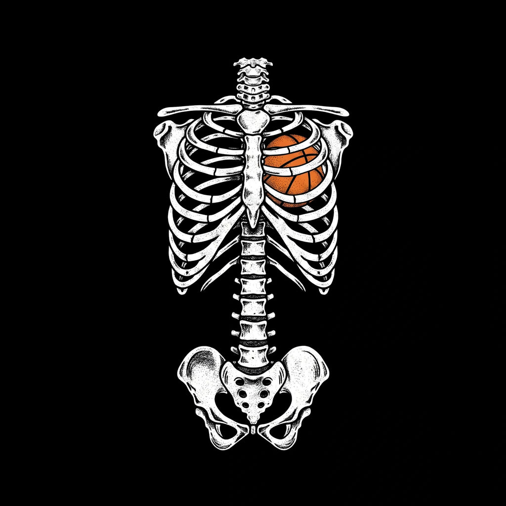 Redunk Basketball In My Heart Skeleton T-Shirt displaying a skeleton with basketball-themed design on the front.