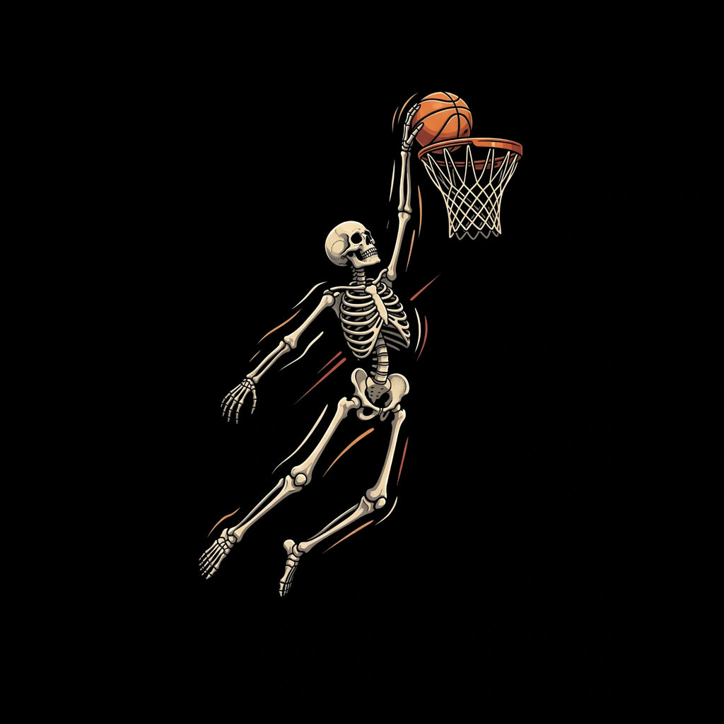 Redunk Rise And Slam Dunk Skeleton basketball T-shirt with graphic design featuring a skeleton playing basketball on a black background.