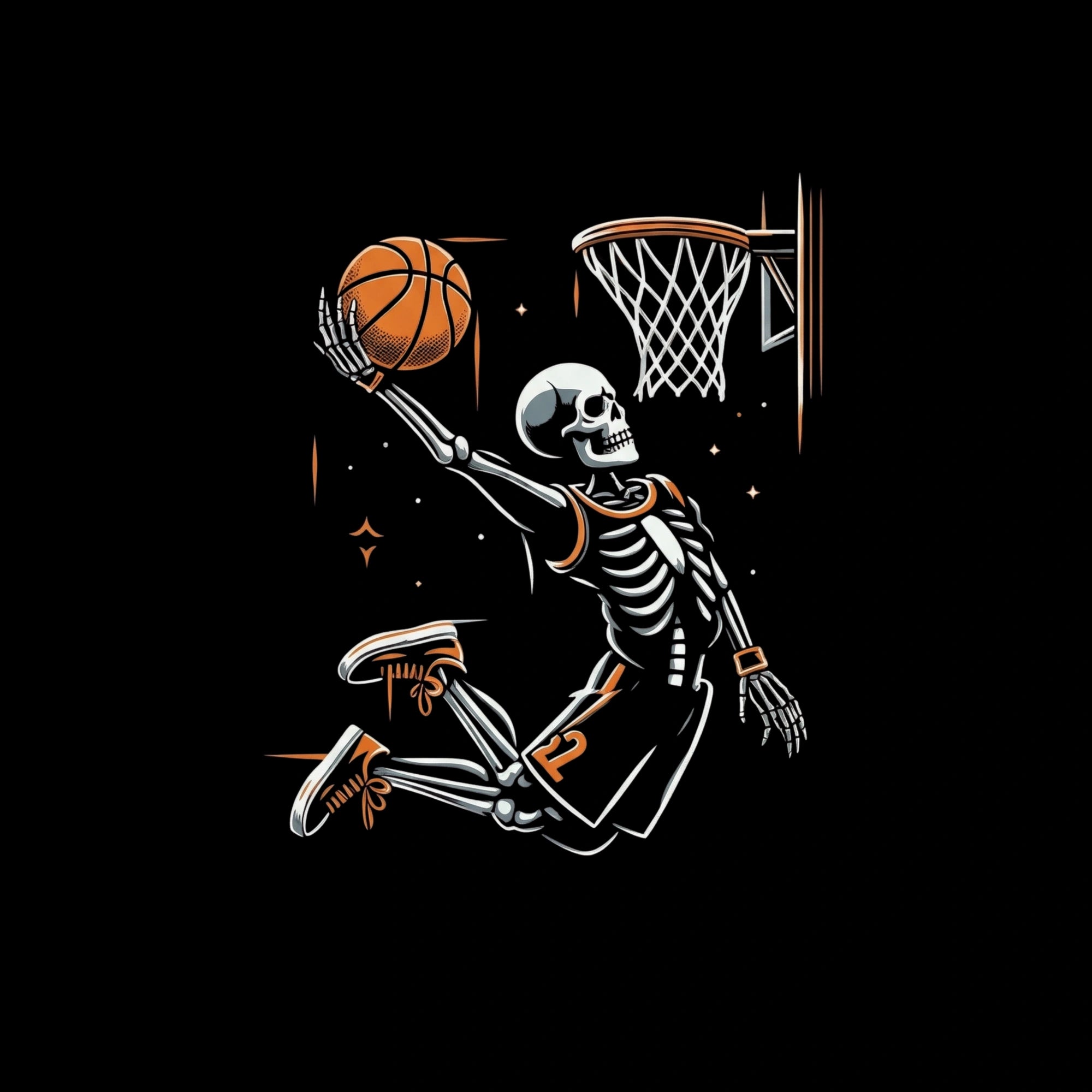 Redunk Skeleton Hooper Slam Dunk Basketball T-Shirt featuring a dynamic basketball player skeleton design.