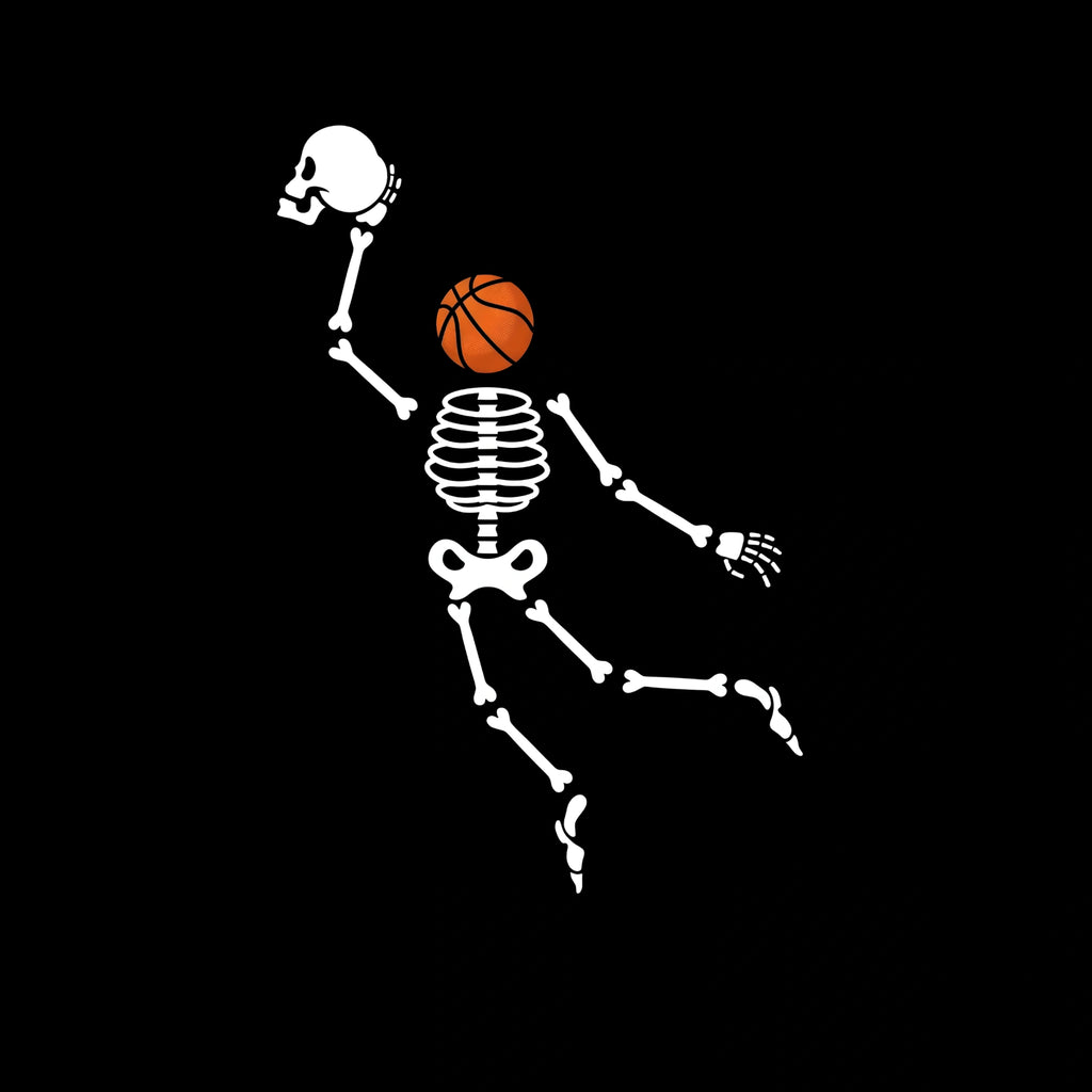Redunk Deadly Head Shot Skeleton basketball T-shirt showing a skeleton graphic in a dynamic pose on a black fabric background.