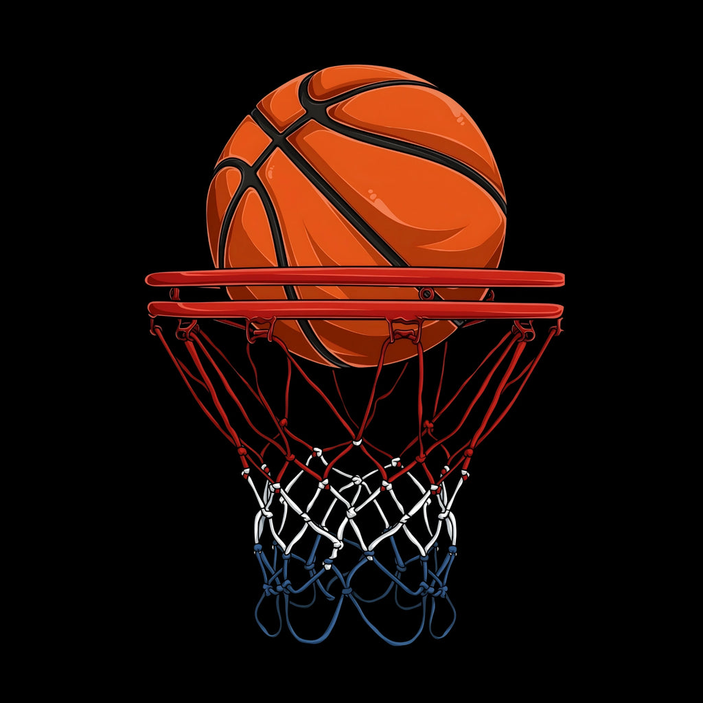 Redunk basketball rim and ball T-shirt featuring a sporty graphic design on a casual black T-shirt.