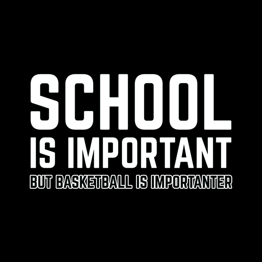 Redunk funny basketball T-shirt with slogan "School Is Important But Basketball Is Importanter" featuring a humorous basketball player graphic.