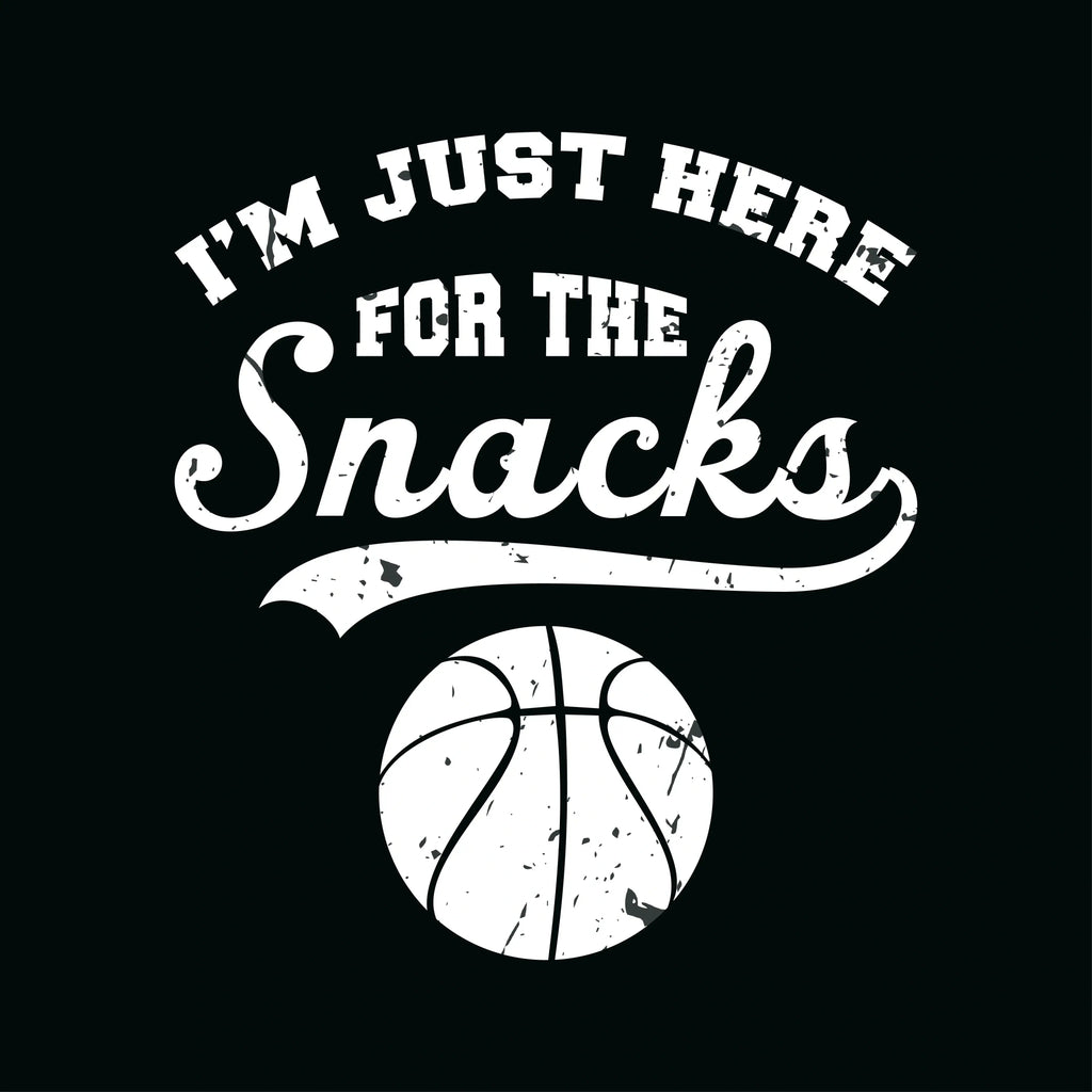 Redunk "I'm Just Here For The Snacks" funny basketball T-shirt, casual apparel with basketball-themed text and design.