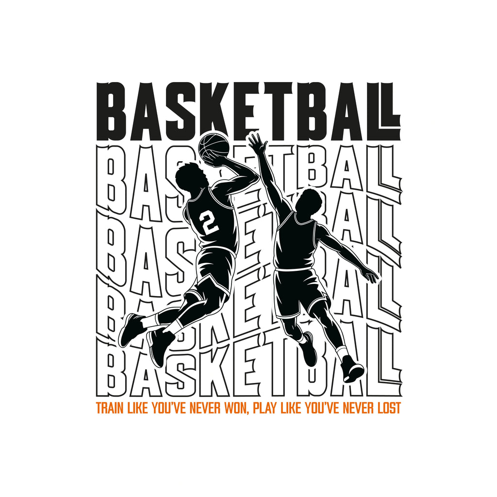 Redunk Train Like You Never Won motivational basketball T-shirt, front view with graphic design and bold text.