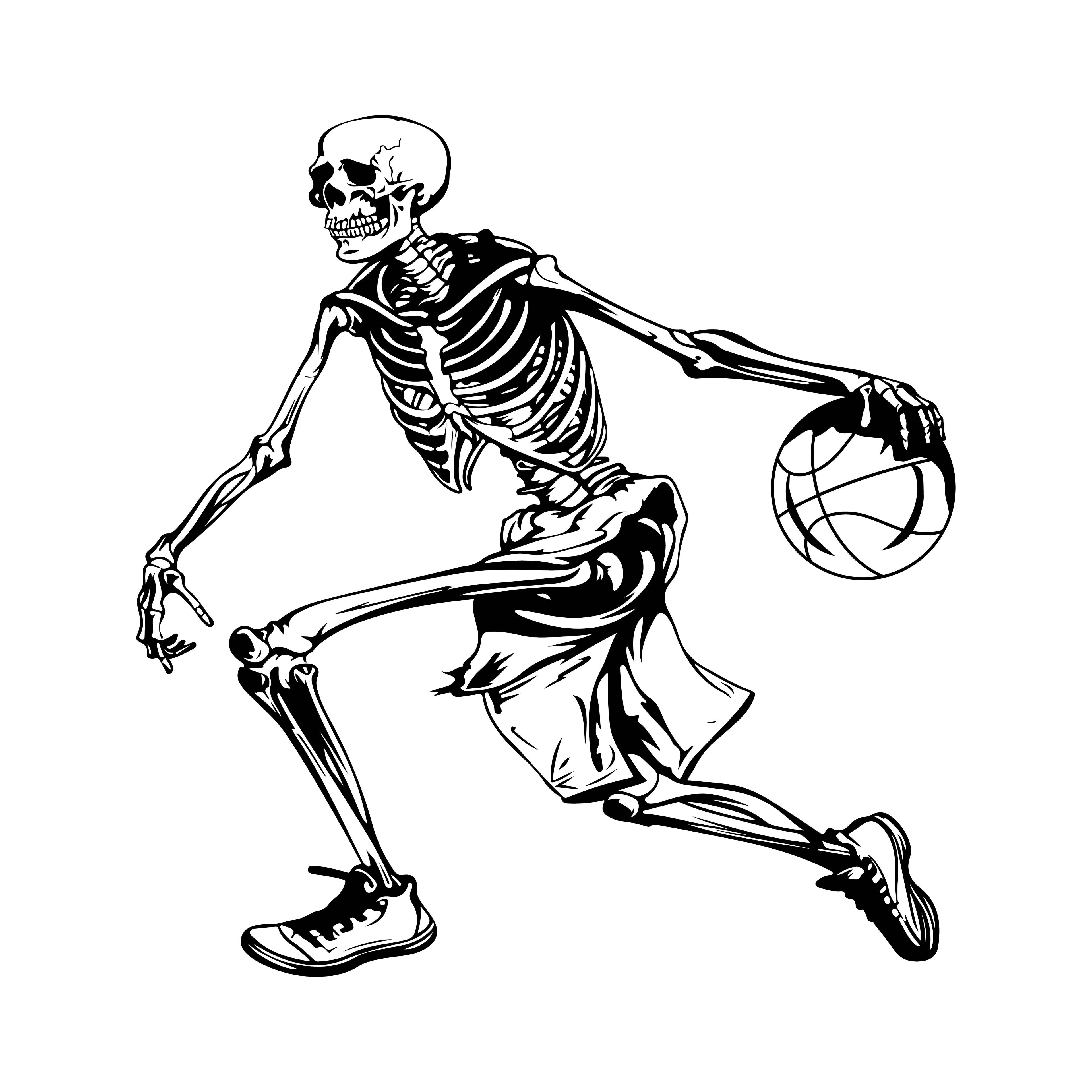 Redunk Skeleton Dribble Hoops T-Shirt showing a skeleton playing basketball on a casual black T-shirt.