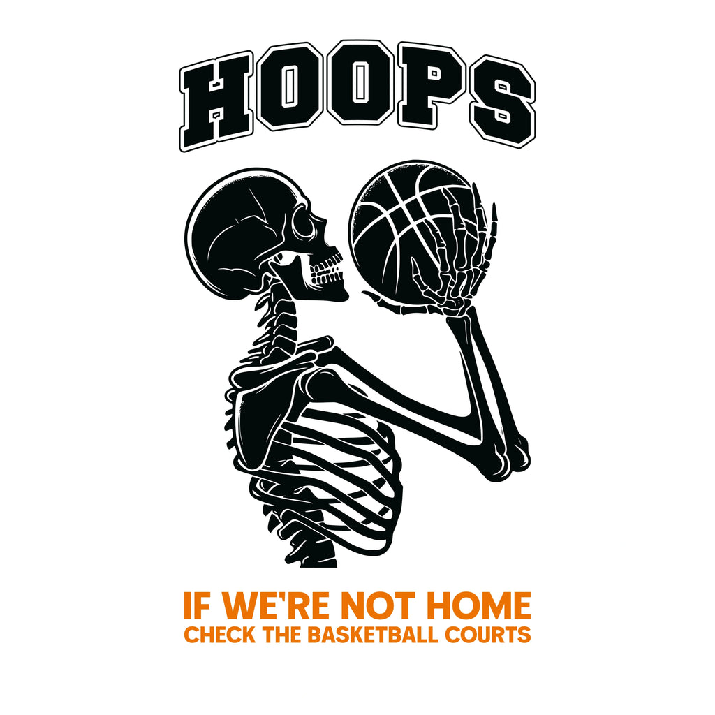 Redunk Basketball Court Life Skeleton T-Shirt featuring a skeleton playing basketball on a casual black cotton tee.