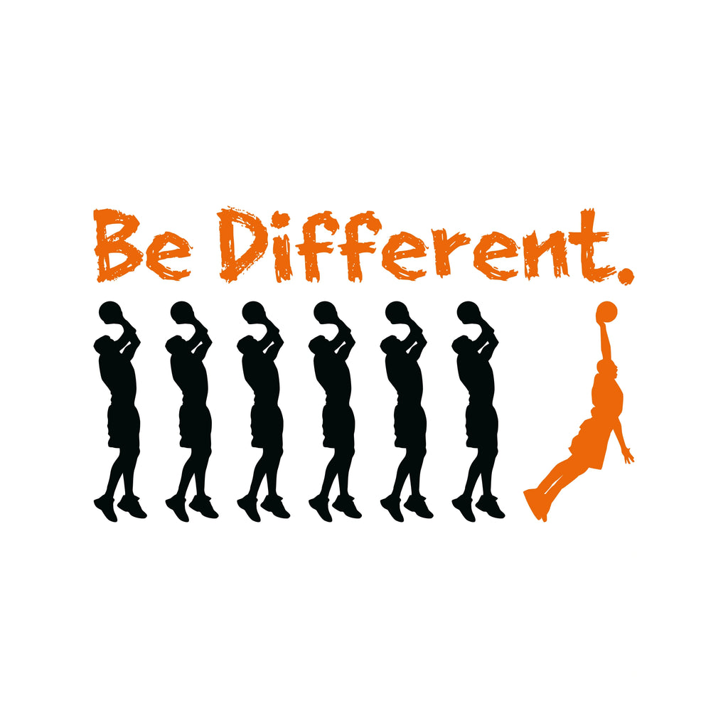 Redunk Be Different basketball slam dunk motivational T-shirt featuring a dynamic dunk scene and inspiring text on a casual tee.