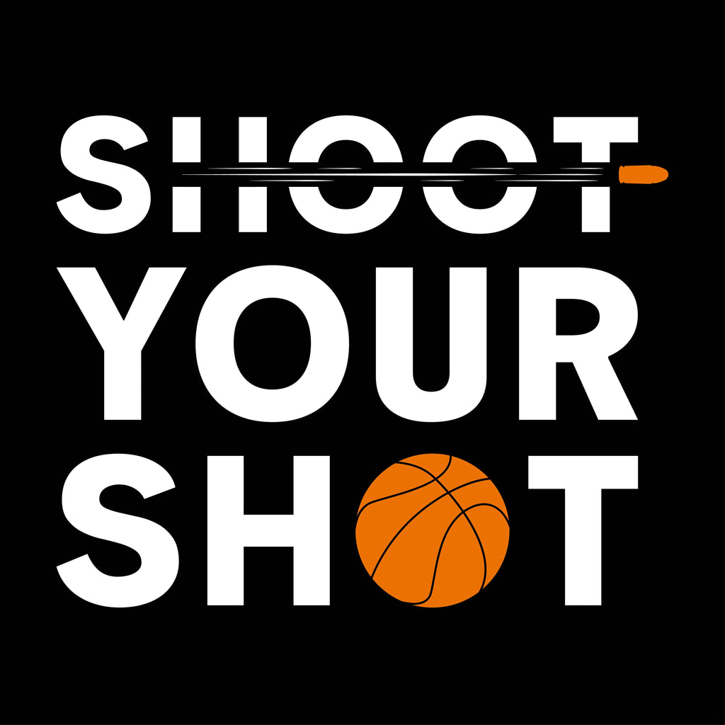 Redunk Shoot Your Shot Motivational basketball T-shirt displayed on a model, featuring bold text and athletic style.