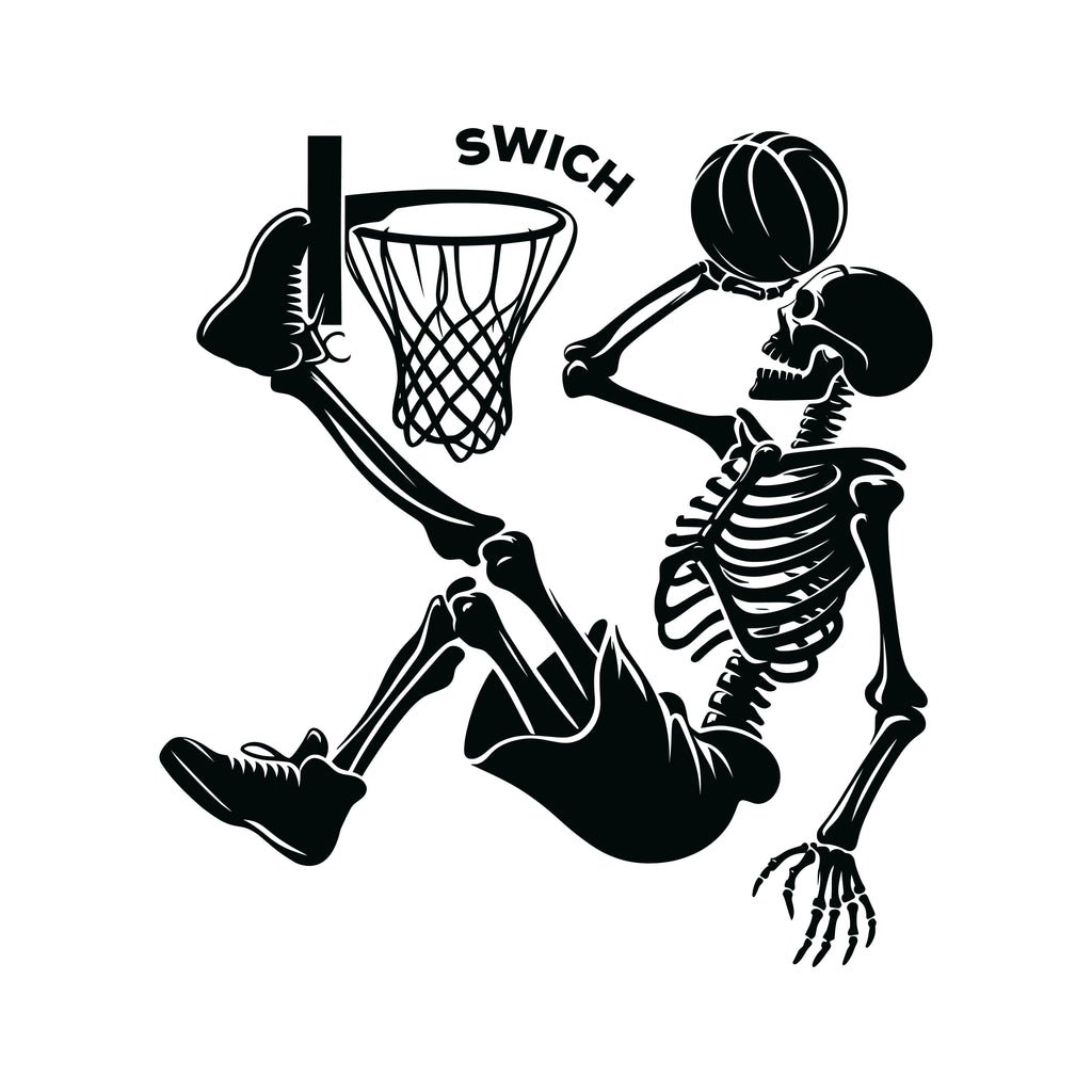Redunk Swish Sound Skeleton basketball T-shirt featuring a skeleton playing basketball on a black fabric background