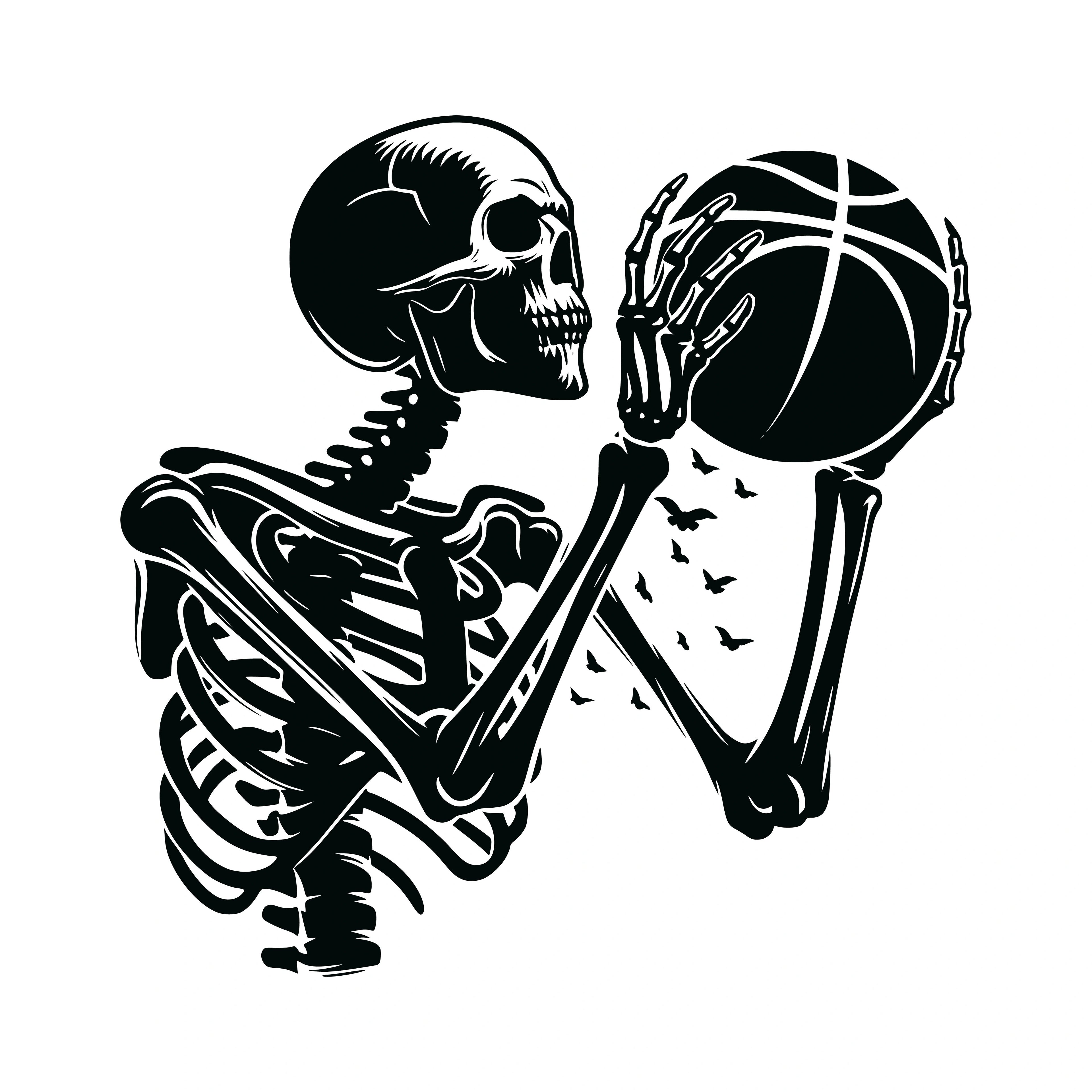 Redunk Pure Passion Skeleton basketball player T-shirt featuring a skeleton in athletic pose on a black background.