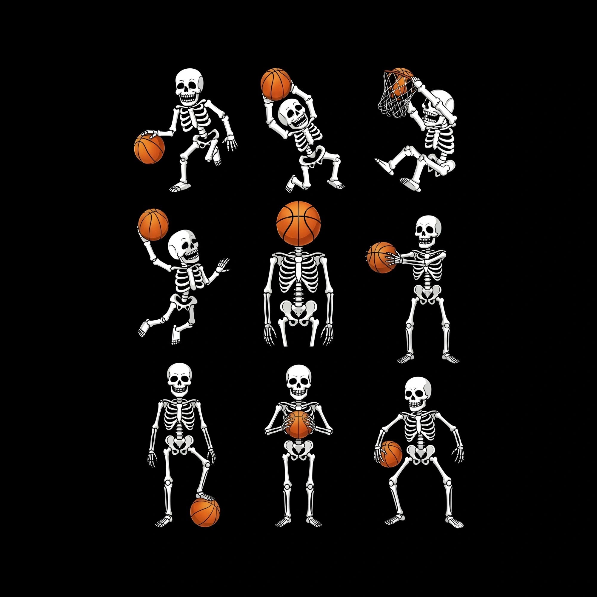 Redunk Skeleton Basketball Squad Skills T-Shirt featuring a skeleton design on a casual black T-shirt.