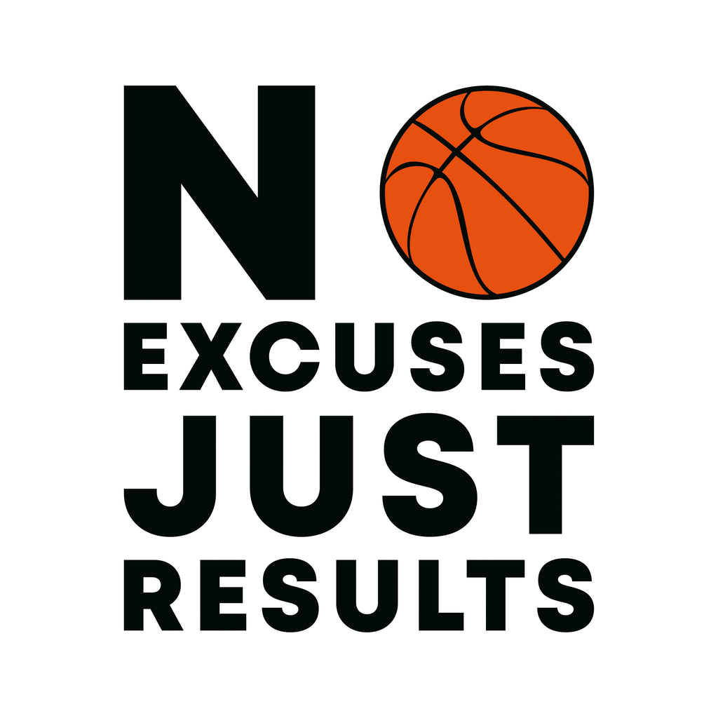 Redunk No Excuses Just Results basketball hoop T-shirt displayed on a flat surface with a colorful design.