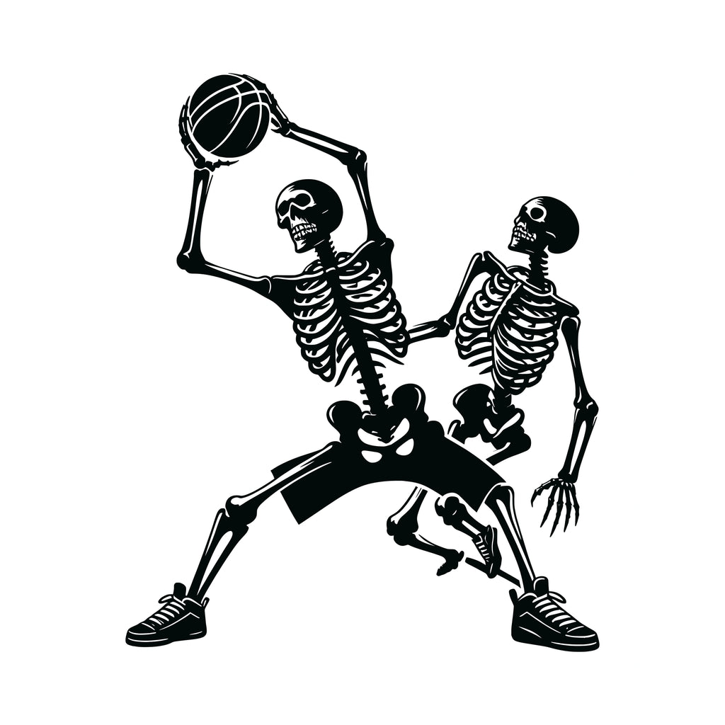 Redunk Hoops Hustle Skeleton Duo basketball T-shirt featuring a graphic skeleton duo design on a casual black T-shirt.