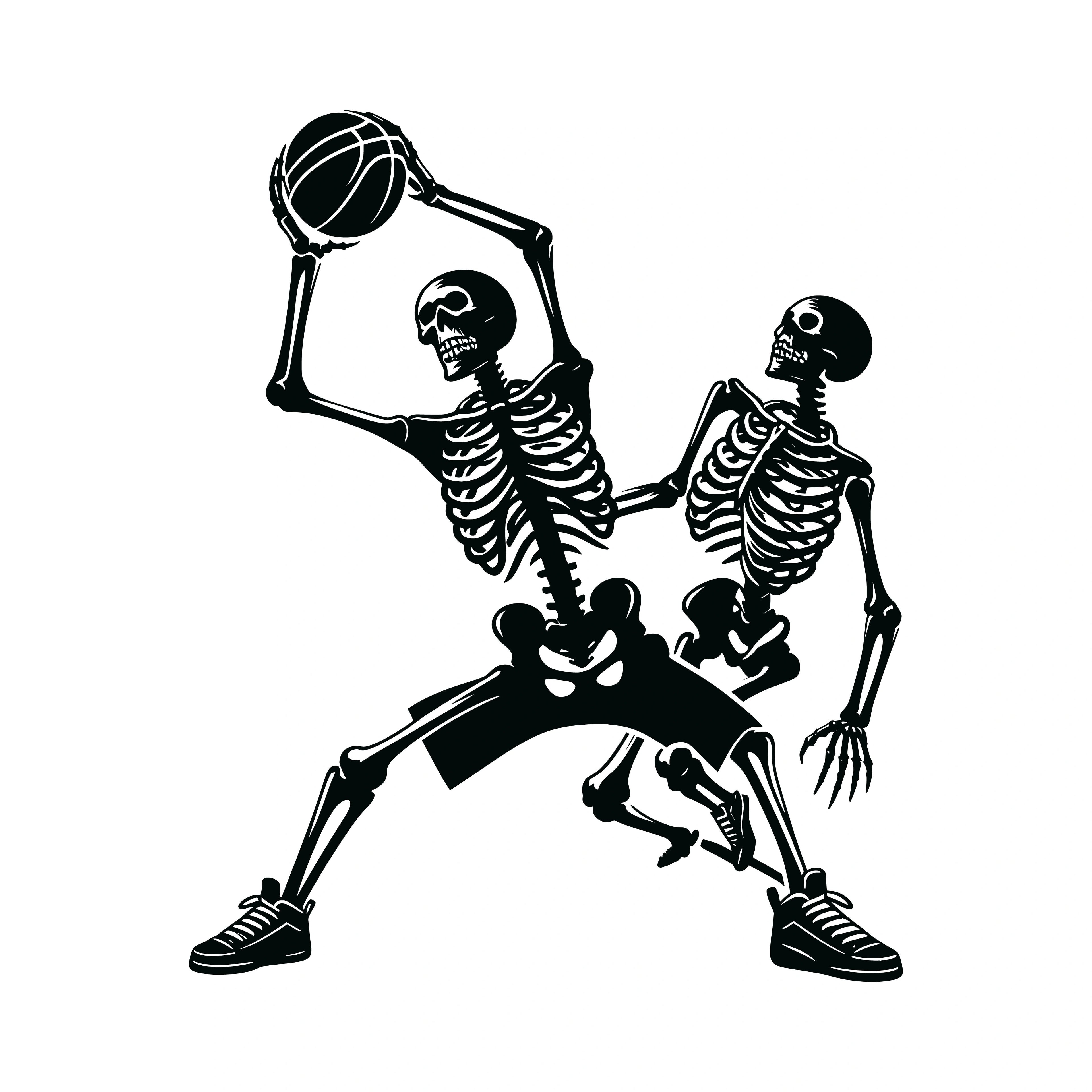 Redunk Hoops Hustle Skeleton Duo basketball T-shirt featuring a graphic skeleton duo design on a casual black T-shirt.