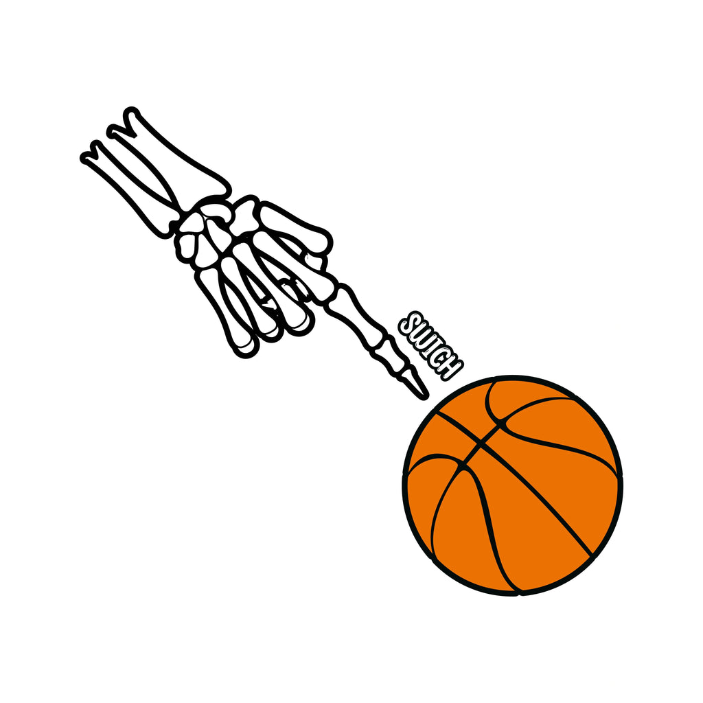 Redunk Skeleton Hand Swish Basketball T-shirt featuring a skeleton hand gripping a basketball on a black fabric background.