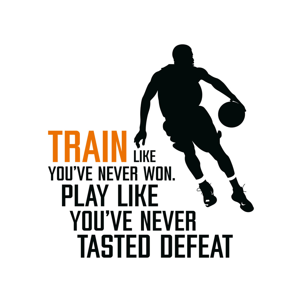 Redunk basketball quote T-shirt featuring "Train Like You've Never Won" text, casual fit, and athletic-inspired design.